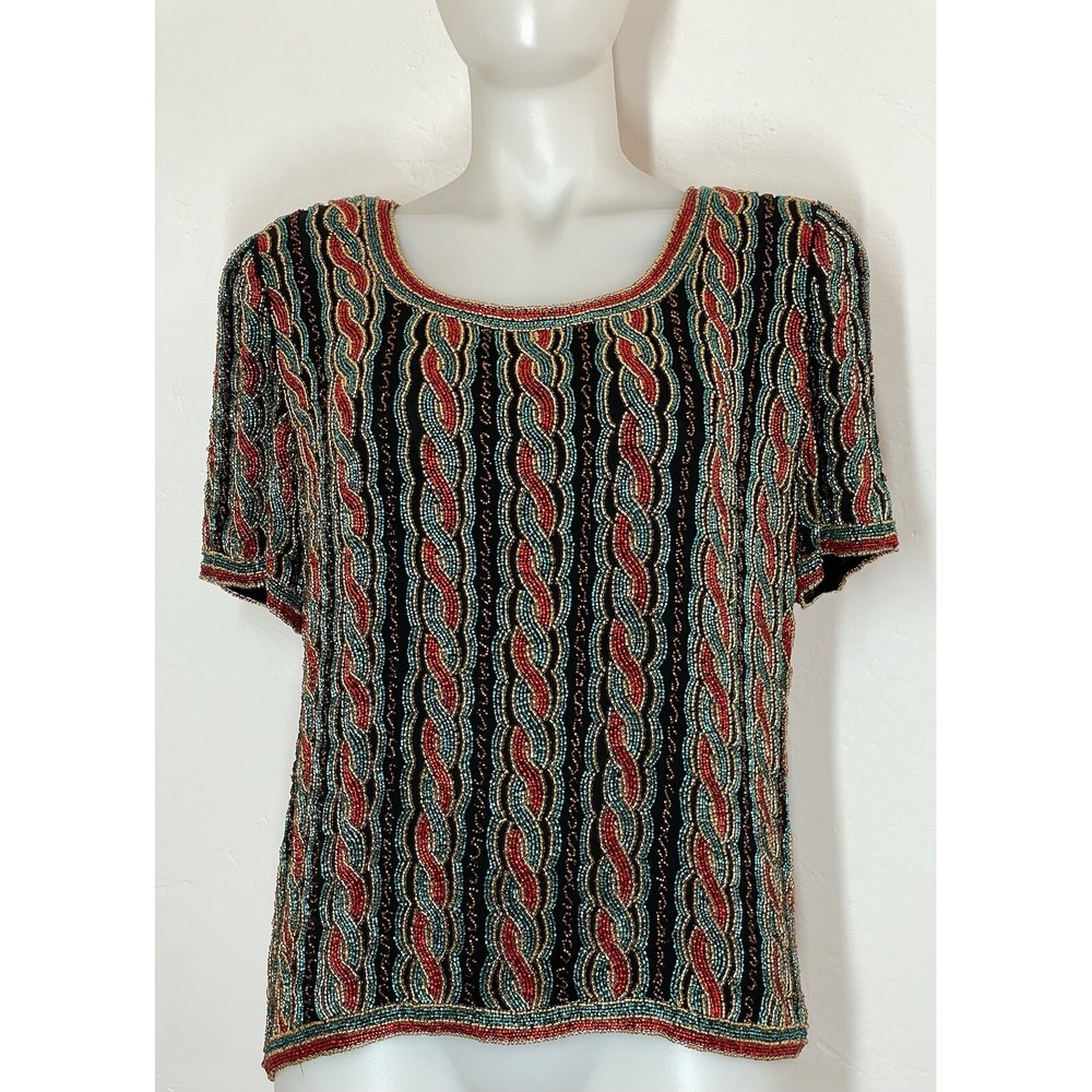 VTG 80s Beaded Top Oleg Cassini Blacktie Silk Heavy Multicolor SZ 8